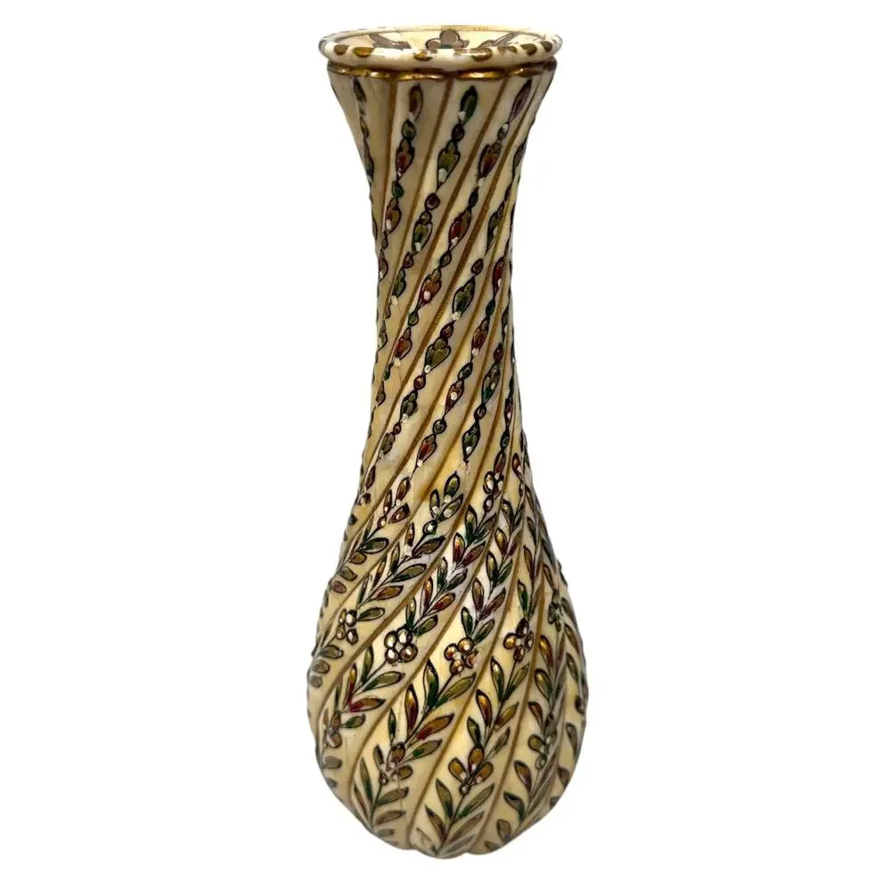 Vintage Moroccan Inlaid Bone Vase Scrimshaw 8.5